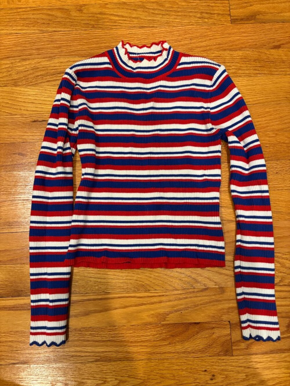 The Vintage Shoppe Red, White & Blue Striped Cropped Mock Neck Sweater (Size S)
